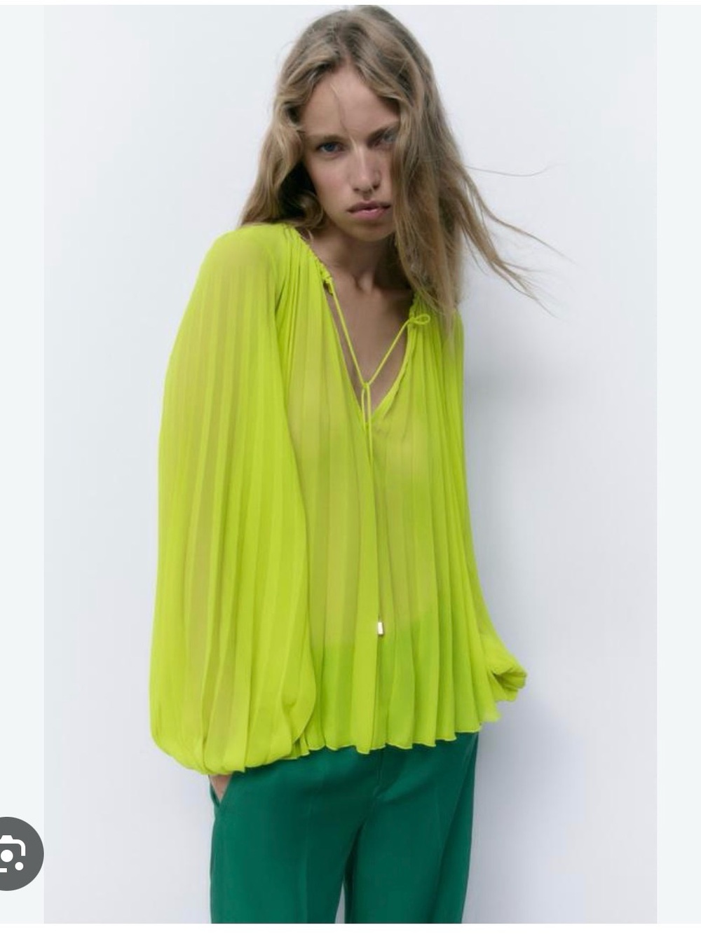 Zara Neon Yellow Sheer Pleated Long-Sleeve Blouse